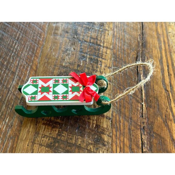 Vintage Crystal Collectibles Wooden Sleigh Ornament With Box & Red Bow - Picture 4 of 8